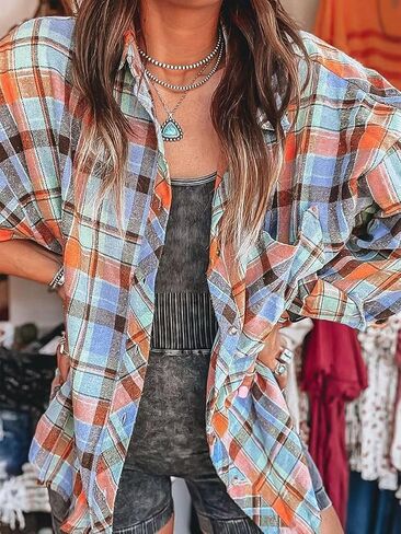 Flamingals Womens Plaid Shirt Long Sleeve Flannel Shirts Jacket Button Down Business Casual Trendy Spring Tops in Saudi Arabia