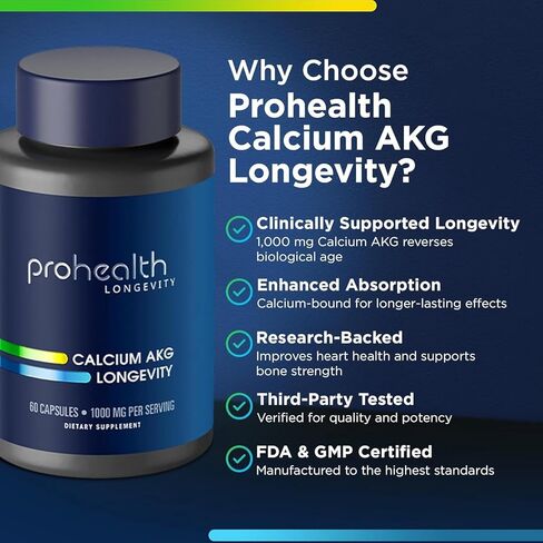 ProHealth Calcium Supplement, Ca AKG Supplement (Alpha Ketoglutarate) (1,000 mg per 2 Capsule Serving, 60 Capsules). Supports Cellular Energy, Metabolic Function and Healthy Aging Processes. in Saudi Arabia