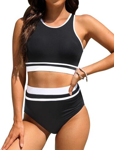 Yonique Women Sport Bikini Set Two Piece High Waist Swimsuit High Neck Colorblock Bathing Suit for Teen Juniors in Saudi Arabia