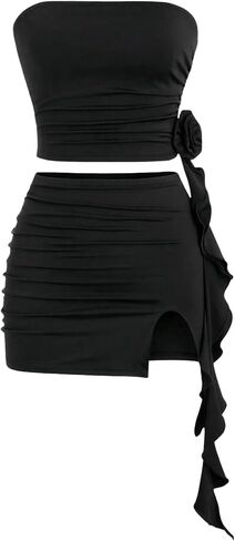 Milumia Women's 2 Pcs Set Flower Ruffle Trim Crop Tube Top and Ruched Mini Skirt in Saudi Arabia