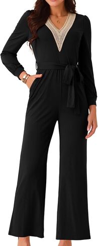 Seta T Women's Long Sleeve V Neck Jumpsuit Belted Stretchy Wide Leg Long Pant Romper with Pockets in Kuwait