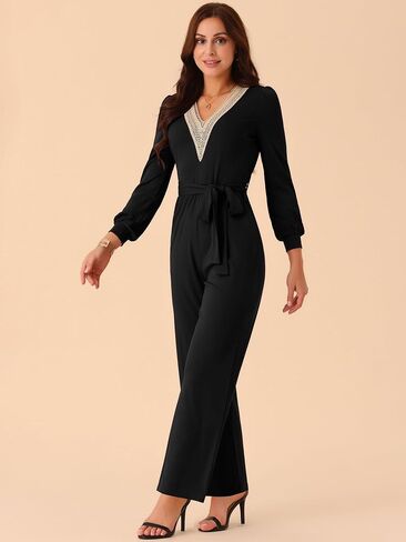 Seta T Women's Long Sleeve V Neck Jumpsuit Belted Stretchy Wide Leg Long Pant Romper with Pockets in Kuwait