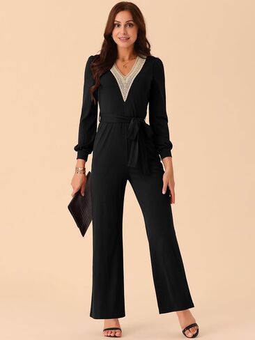 Seta T Women's Long Sleeve V Neck Jumpsuit Belted Stretchy Wide Leg Long Pant Romper with Pockets in Kuwait