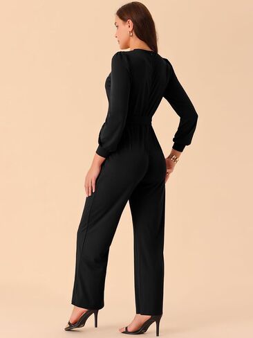 Seta T Women's Long Sleeve V Neck Jumpsuit Belted Stretchy Wide Leg Long Pant Romper with Pockets in Kuwait