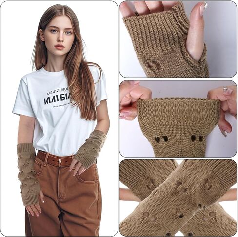 Knitted Arm Warmers, Ripped Gloves Crochet Gloves, Long Brown Fingerless Gloves, Stretch Knit Arm Sleeves in Saudi Arabia