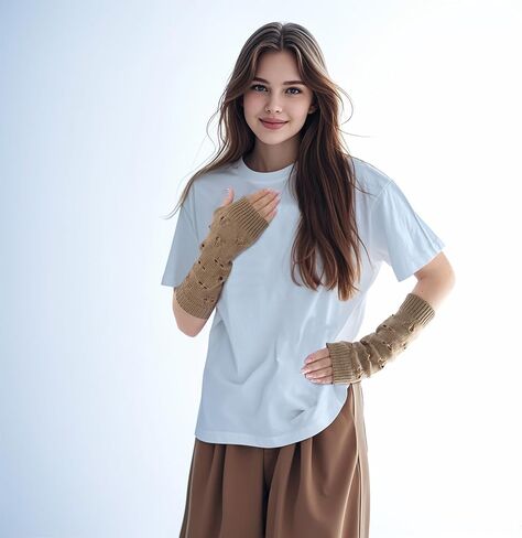 Knitted Arm Warmers, Ripped Gloves Crochet Gloves, Long Brown Fingerless Gloves, Stretch Knit Arm Sleeves in Saudi Arabia