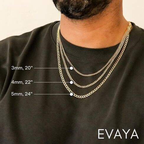 EVAYA Real Solid 14k Gold Cuban Chain (2mm-3mm Width, 16"-24" Length) - For Men & Women - Durable, Resistant to Tarnishing & Lasts a Lifetime in Kuwait