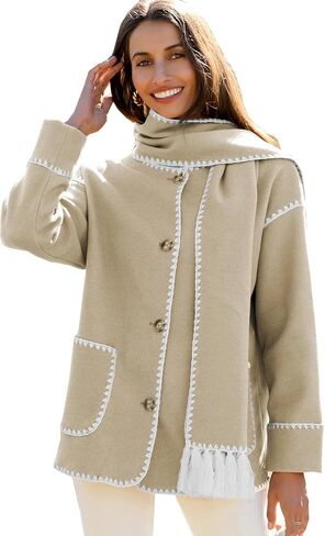 CCTOO Women Wool Blend Coat: Embroidered Scarf Jacket Button Down Casual Outerwear Fall Winter Shacket with Tassel Scarf in Saudi Arabia