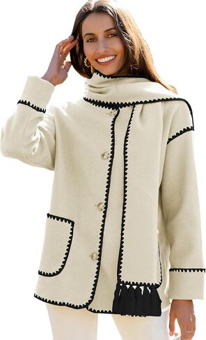 CCTOO Women Wool Blend Coat: Embroidered Scarf Jacket Button Down Casual Outerwear Fall Winter Shacket with Tassel Scarf in Saudi Arabia