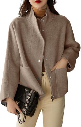 chouyatou Women's Casual Stand Collar Single Breasted Short Wool Pea Coat Overcoat with Pockets in Kuwait