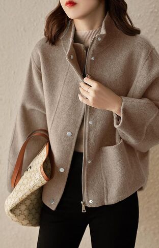 chouyatou Women's Casual Stand Collar Single Breasted Short Wool Pea Coat Overcoat with Pockets in Kuwait