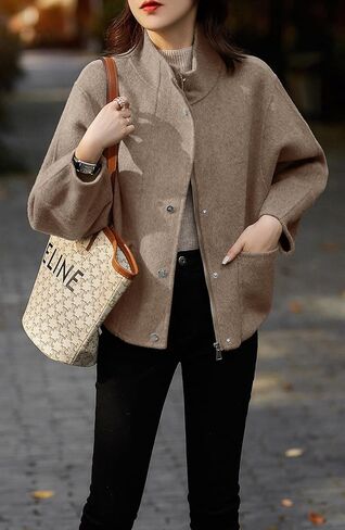 chouyatou Women's Casual Stand Collar Single Breasted Short Wool Pea Coat Overcoat with Pockets in Kuwait