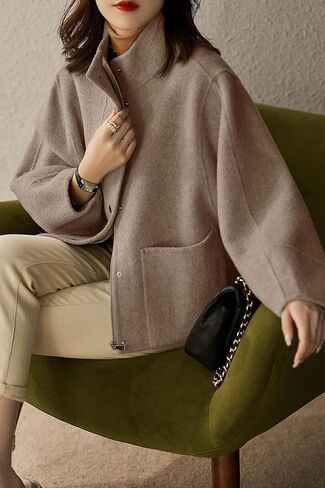 chouyatou Women's Casual Stand Collar Single Breasted Short Wool Pea Coat Overcoat with Pockets in Kuwait