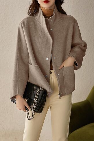 chouyatou Women's Casual Stand Collar Single Breasted Short Wool Pea Coat Overcoat with Pockets in Kuwait