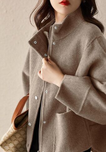 chouyatou Women's Casual Stand Collar Single Breasted Short Wool Pea Coat Overcoat with Pockets in Kuwait