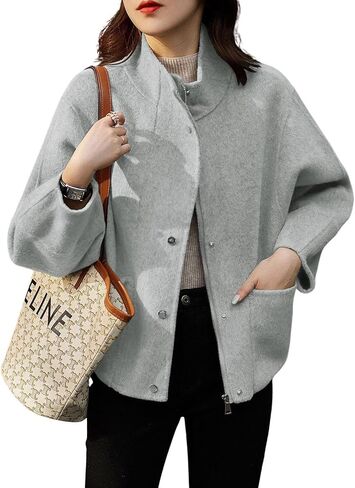 chouyatou Women's Casual Stand Collar Single Breasted Short Wool Pea Coat Overcoat with Pockets in Saudi Arabia