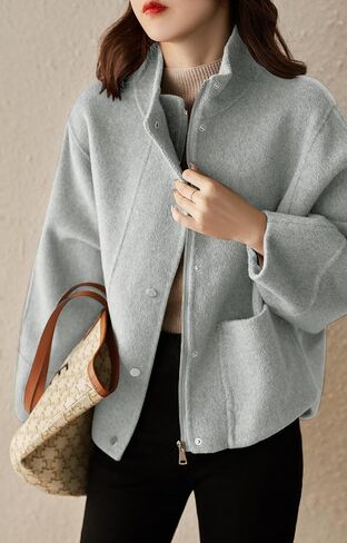 chouyatou Women's Casual Stand Collar Single Breasted Short Wool Pea Coat Overcoat with Pockets in Saudi Arabia
