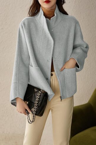 chouyatou Women's Casual Stand Collar Single Breasted Short Wool Pea Coat Overcoat with Pockets in Saudi Arabia