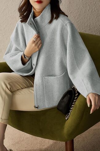 chouyatou Women's Casual Stand Collar Single Breasted Short Wool Pea Coat Overcoat with Pockets in Saudi Arabia