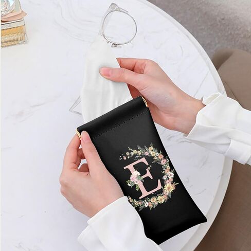 Glasses Eyeglass Sunglasses Case Pouch Initial Letter Soft PU Leather Cute Aesthetic with Cleaning Cloth Women Girls in Kuwait
