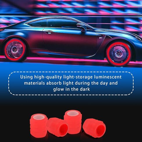 4 PCS Car Luminous Tire Valve Stem Caps, ABS Air Caps Cover Fluorescent Glow in The Dark Night, Reflective Anti-Leakage Rubber Ring Tire Valve for Most Cars (Red) in Saudi Arabia