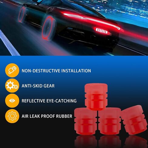 4 PCS Car Luminous Tire Valve Stem Caps, ABS Air Caps Cover Fluorescent Glow in The Dark Night, Reflective Anti-Leakage Rubber Ring Tire Valve for Most Cars (Red) in Saudi Arabia