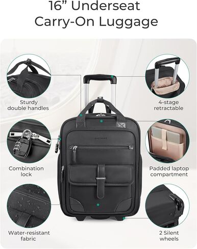 BAGSMART Carry on Luggage with Wheels, 16-inch Underseat Travel Suitcase Airline approved, Lightweight Softside Carry-on Luggage for Airplanes Women Overnight Rolling Bags for Short Trip, Black in Saudi Arabia