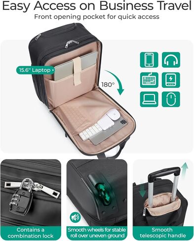BAGSMART Carry on Luggage with Wheels, 16-inch Underseat Travel Suitcase Airline approved, Lightweight Softside Carry-on Luggage for Airplanes Women Overnight Rolling Bags for Short Trip, Black in Saudi Arabia