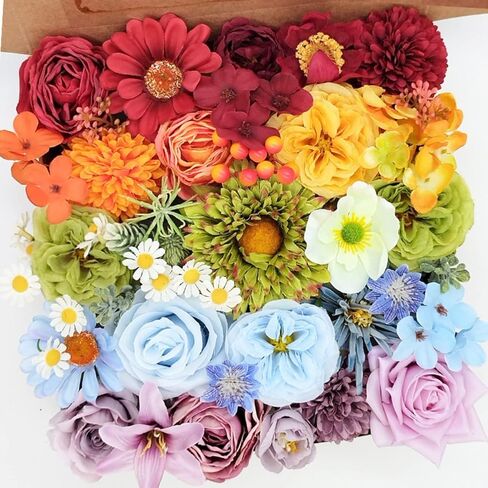 ASTRYAS 38pcs Artificial Flowers Combo Box Rainbow Colorful Fake Silk Flowers Bulks Spring Flowers Floral Arrangements for DIY Wedding Bridal Bouquet Christmas Party Home Decoration (Multi Color) in Saudi Arabia