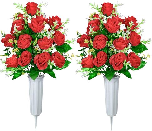 XONOR Artificial Cemetery Flowers, Set of 2 Artificial Rose Bouquet Graveyard Memorial Flowers with Vase for Cemetery Headstones Decoration (Pink-2Pcs) in Saudi Arabia