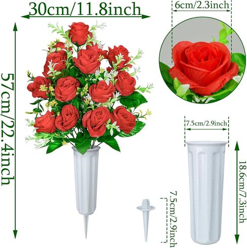 XONOR Artificial Cemetery Flowers, Set of 2 Artificial Rose Bouquet Graveyard Memorial Flowers with Vase for Cemetery Headstones Decoration (Pink-2Pcs) in Saudi Arabia