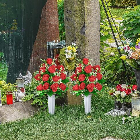 XONOR Artificial Cemetery Flowers, Set of 2 Artificial Rose Bouquet Graveyard Memorial Flowers with Vase for Cemetery Headstones Decoration (Pink-2Pcs) in Saudi Arabia