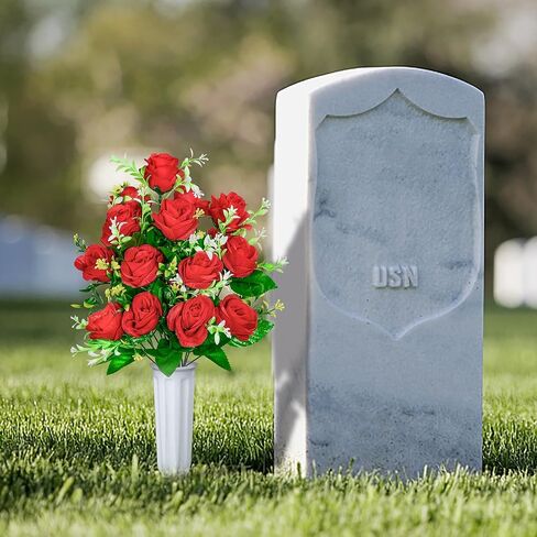 XONOR Artificial Cemetery Flowers, Set of 2 Artificial Rose Bouquet Graveyard Memorial Flowers with Vase for Cemetery Headstones Decoration (Pink-2Pcs) in Saudi Arabia