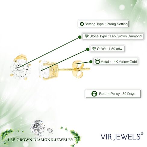 1/2 to 2 Carat Lab Grown Diamond Stud Earrings 14K Yellow Gold VS1 Clarity for Women in Round Prong Set in Saudi Arabia