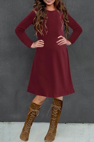 YOVION Girls Fall Long Sleeve Crew Neck Skater A-Line Casual Swing Dress with Pockets for 6-12 Years in Kuwait