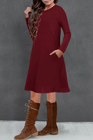 YOVION Girls Fall Long Sleeve Crew Neck Skater A-Line Casual Swing Dress with Pockets for 6-12 Years in Kuwait