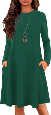 YOVION Girls Fall Long Sleeve Crew Neck Skater A-Line Casual Swing Dress with Pockets for 6-12 Years in Kuwait