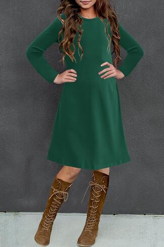 YOVION Girls Fall Long Sleeve Crew Neck Skater A-Line Casual Swing Dress with Pockets for 6-12 Years in Kuwait