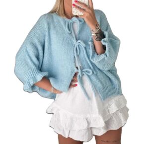 Women Trendy Bow Tie Sweater Cardigans Solid Color Puff Sleeve Loose Chunky Knited Jacket Open Front Knitwear