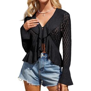 GRACE KARIN Women Hollow Out Cardigan Sweater Lapel Tie Front Crochet Knit Shrugs Long Bell Sleeves with Ruffled Hem