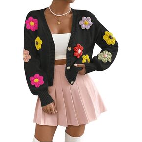 SHENHE Women's Button Down Flower Cardigan V Neck Open Front Knit Crop Cardigan Sweater