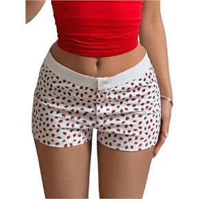 MakeMeChic Women's Strawberry Print Rib Knitted Shorts Drop Waist Straight Leg Shorts