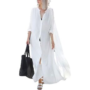 Bsubseach Women White Turn Down Collar Bikini Cover Ups Swimwear Beach Long Shirts Blouse Kimono Cardigan