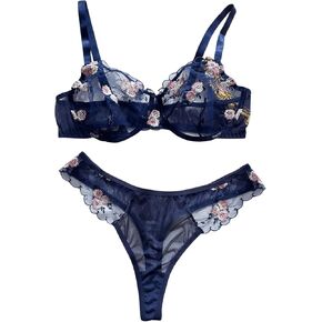 SHENHE Women's Plus Size Sheer Mesh Underwired Bra and Panty 2 Piece Floral Embroidered Lingerie Set