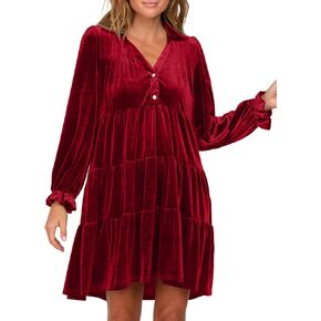 Women Velvet Dress V Neck Long Sleeve Flare Velvet Party Dress Ruffled Tiered Cocktail Dress