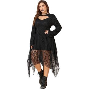 ZNU Women’s Plus Size Gothic Dress Lace-up Trim Cut-Out Long Flared Sleeves Irregular Hem Vintage Rockabilly Cocktail Dresses