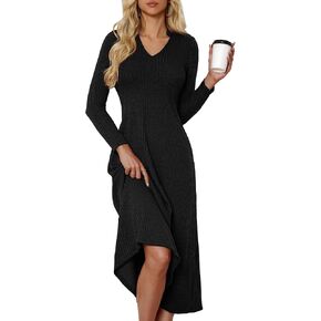 Women's Long Sleeve Sweater Maxi Dresses V Neck Casual Fall A-Line Church Fall Long Dresses