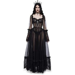 Dolls Kill Dance with Death Maxi Dress by Widow - Sheer Mesh Dress With Boned Bodice and Flared Sleeves