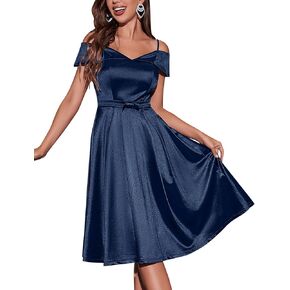 Women's Elegant Cold Shoulder Ruffle Trim Wedding Party Swing Dress