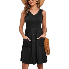 Heymoments Women's Summer Dresses Sleeveless Casual Fashion Loose Swing Button Down Midi Dress with Pockets